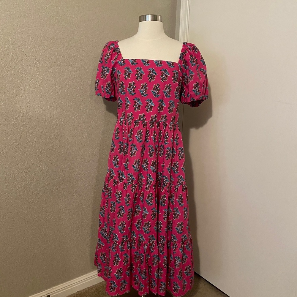 J. Crew Pink Square Neck Puff Sleeve Midi Dress